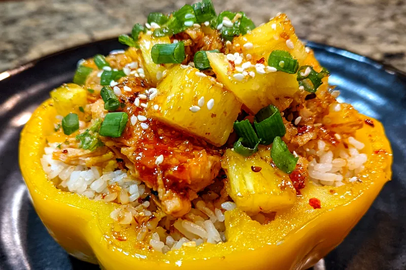 Chef sautéing chicken and vegetables in a skillet, showcasing the vibrant colors of Pineapple Teriyaki Chicken Peppers.