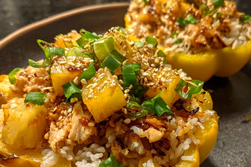 Ingredients for Pineapple Teriyaki Chicken Peppers including chicken, peppers, and sauce components arranged neatly.
