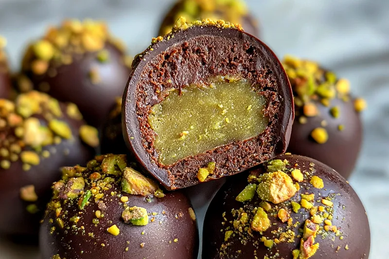 A step-by-step visual guide showing the process of making Pistachio Ganache Chocolate Truffles.