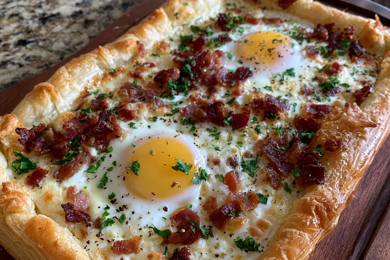The cooking process of Puff Pastry Egg Delight, showing the dish baking in the oven.