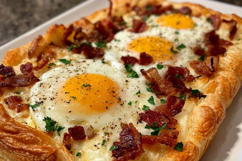 A collection of fresh ingredients like eggs, cheese, and puff pastry ready for preparation.