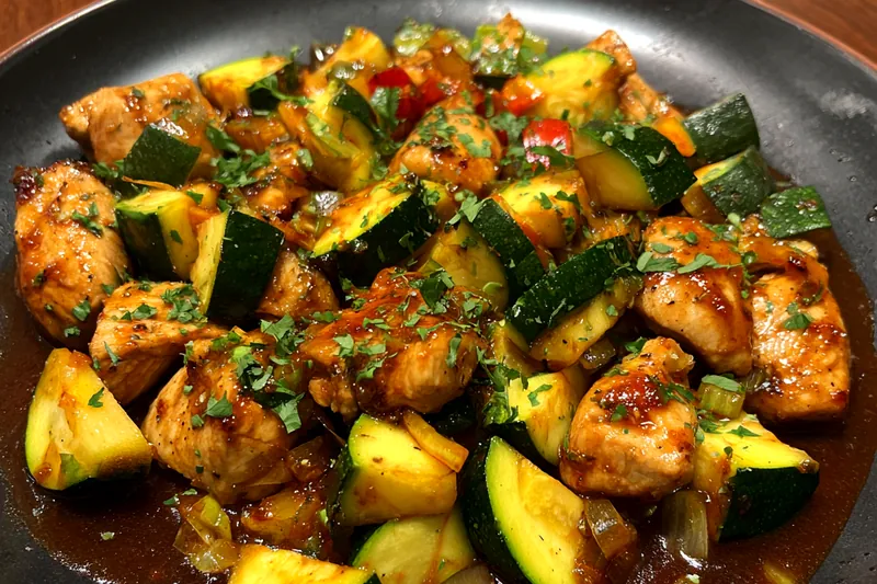 A colorful assortment of fresh ingredients including chicken, zucchini, and bell peppers for the stir-fry.