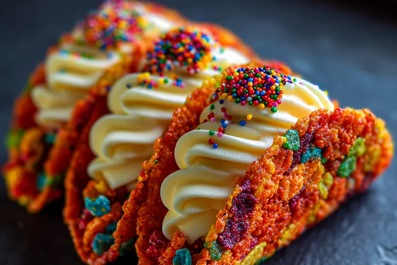 Step-by-step process showing melted marshmallow mixture being combined with Fruity Pebbles, then shaped over taco molds to create colorful rainbow shells