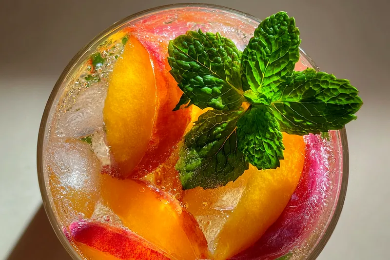 Fresh ingredients for Refreshing Peach Mint Cooler
