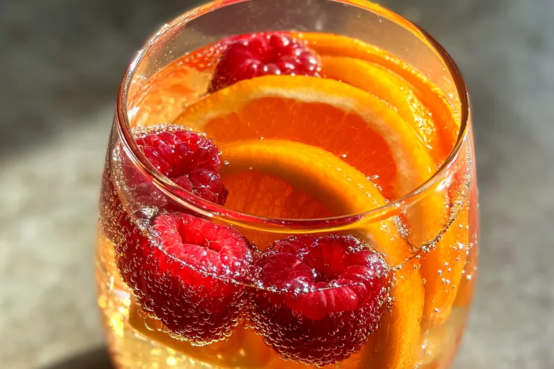 A setup of fresh peaches, Moscato wine, mint, and soda water ready for making sangria.