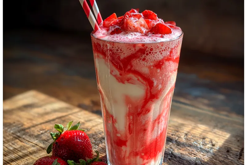 An assortment of fresh strawberries, coconut milk, banana, and Greek yogurt prepared for the smoothie.