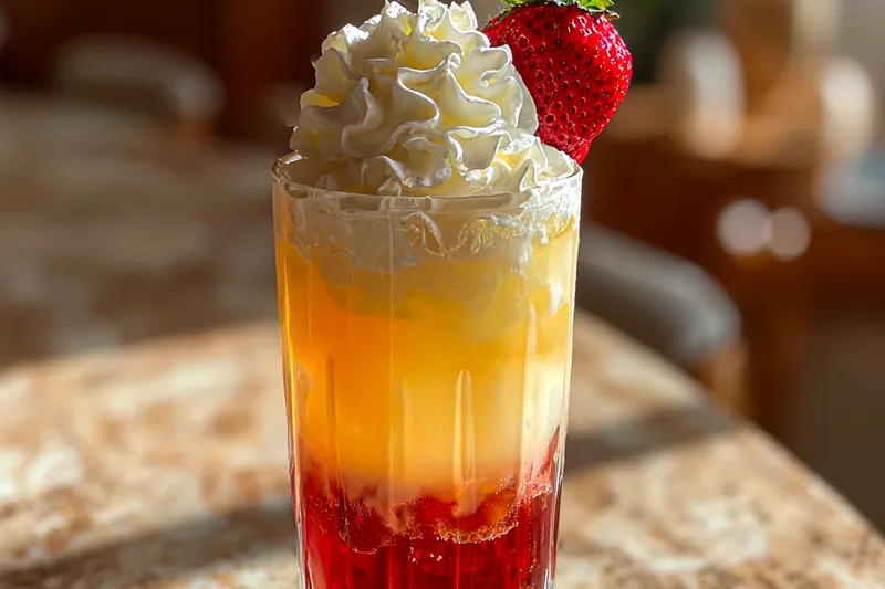 Refreshing Strawberry Shortcake Soda being poured into a glass with ice and strawberries.