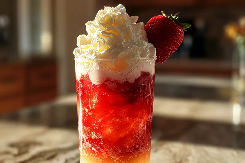 Ingredients for Refreshing Strawberry Shortcake Soda laid out including strawberries, whipped cream, and soda water.