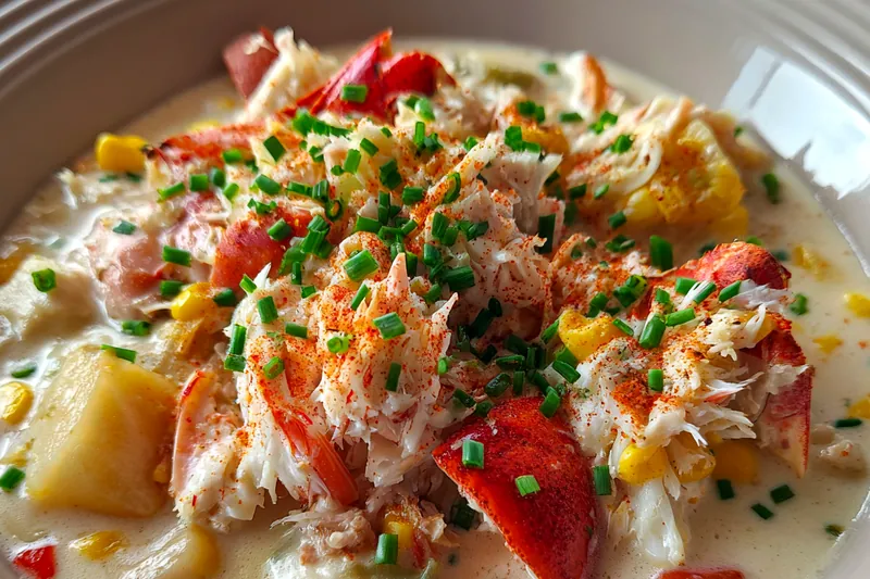 A beautiful spread of fresh ingredients for Rich and Creamy Crab Chowder including crab, vegetables, and seasonings.