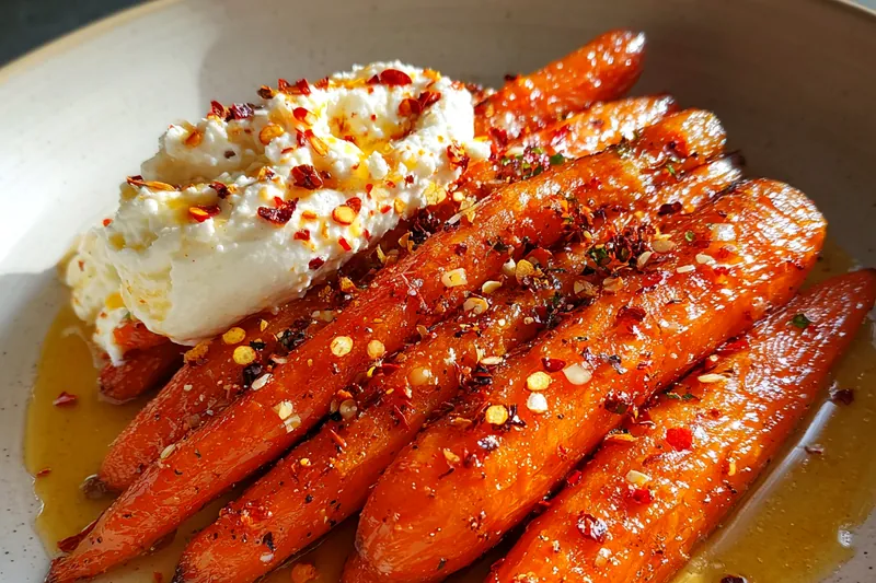 Fresh ingredients for Roasted Carrots with Creamy Ricotta laid out on a wooden board.