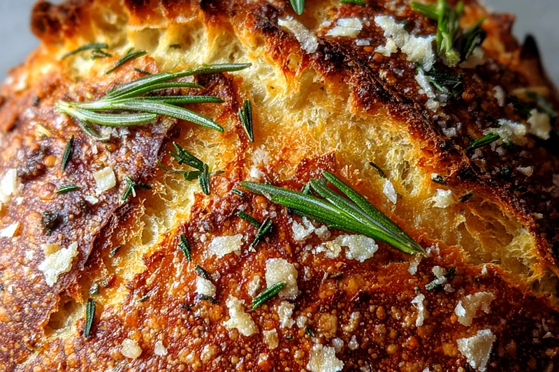 Fresh ingredients for Rustic Baked Garlic Parmesan Herb Bread on a wooden board