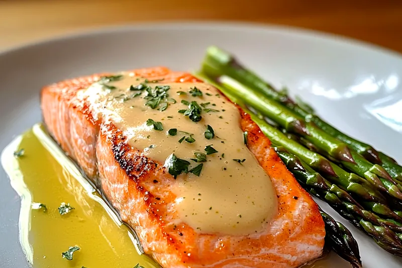 Chef cooking the Elegant Salmon Oscar Delight in a hot skillet, searing the salmon to golden perfection.