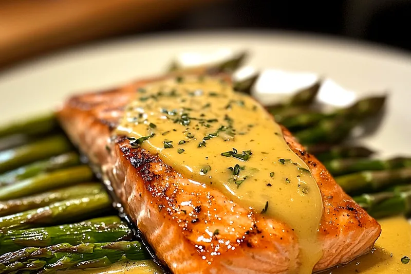 A vibrant array of ingredients for Elegant Salmon Oscar Delight including salmon, crab meat, asparagus, and seasonings.