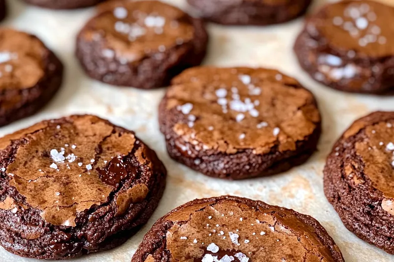 A kitchen scene showing the preparation of Decadent Salted Brownie Cookies, with melted chocolate and mixing bowls.