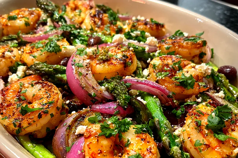 The cooking process of sautéed shrimp and asparagus in a skillet.