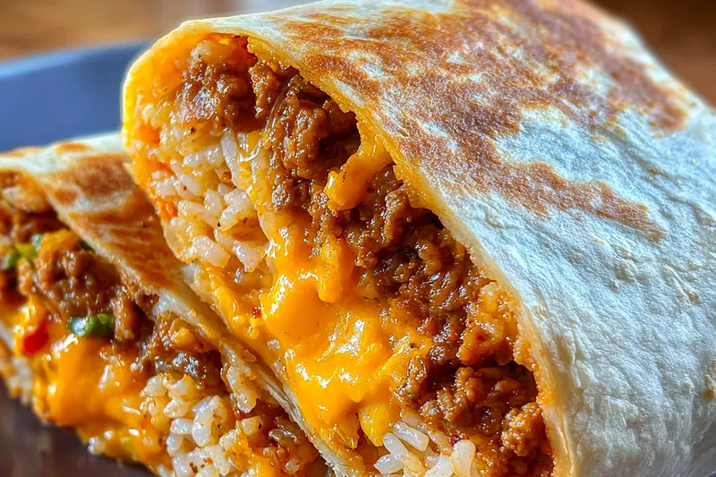 A vibrant array of fresh ingredients for Savory Beefy Melt Burrito, including beef, beans, cheese, and tortillas.