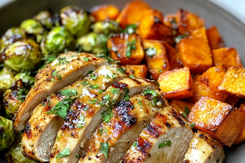 A chef stirring the ingredients in a skillet while preparing Savory Chicken & Sweet Potato Bowl.
