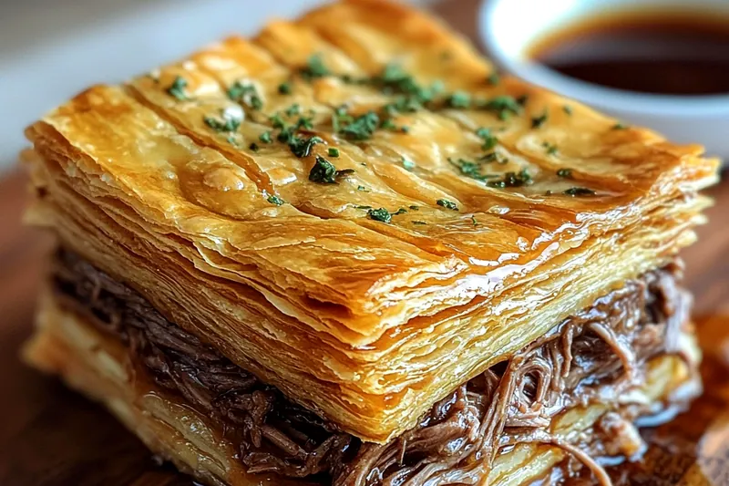 Chef Mitchell baking Savory French Dip Squares in a kitchen oven.