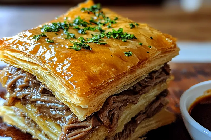 Ingredients for Savory French Dip Squares laid out on a kitchen counter.