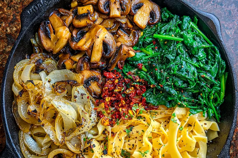 Cooking process for Savory Mushroom Spinach Pasta