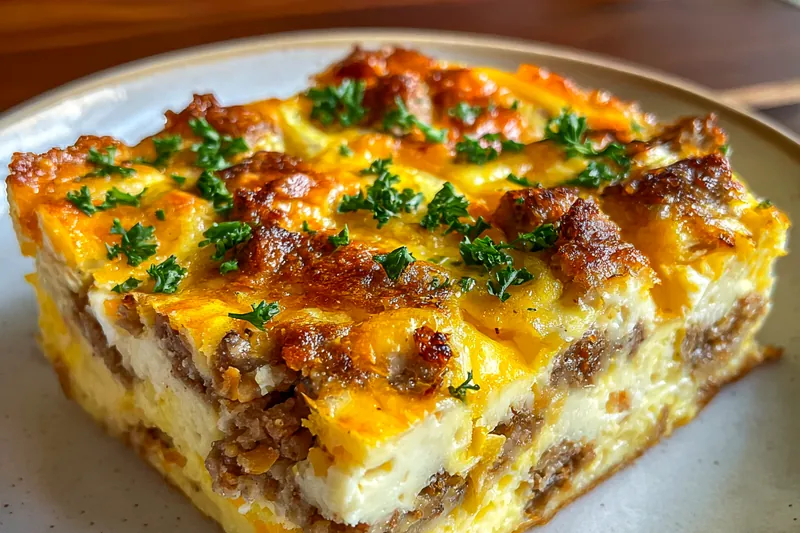 The cooking process of the Savory Sausage Egg Bake, showcasing the skillet with sausage and veggies on the stove.