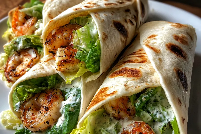 Chef cooking shrimp in a skillet, showcasing the sautéing process for Savory Shrimp Caesar Wraps.