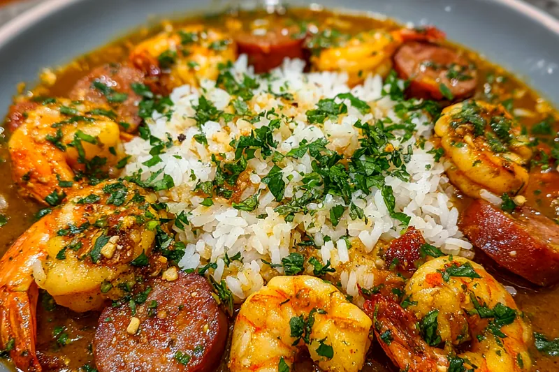 Fresh ingredients for Savory Shrimp Sausage Gumbo displayed on a wooden table.