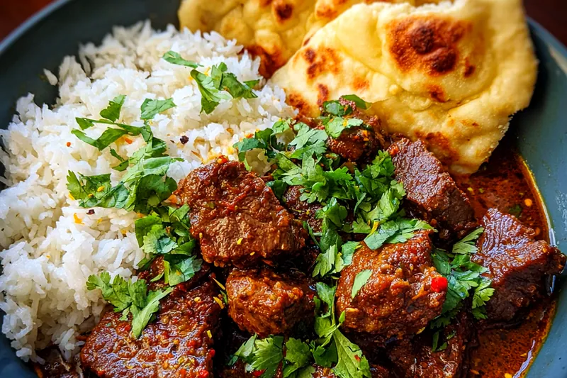 A vibrant display of fresh ingredients for Savory Slow Cooker Beef Curry including beef, spices, and vegetables.
