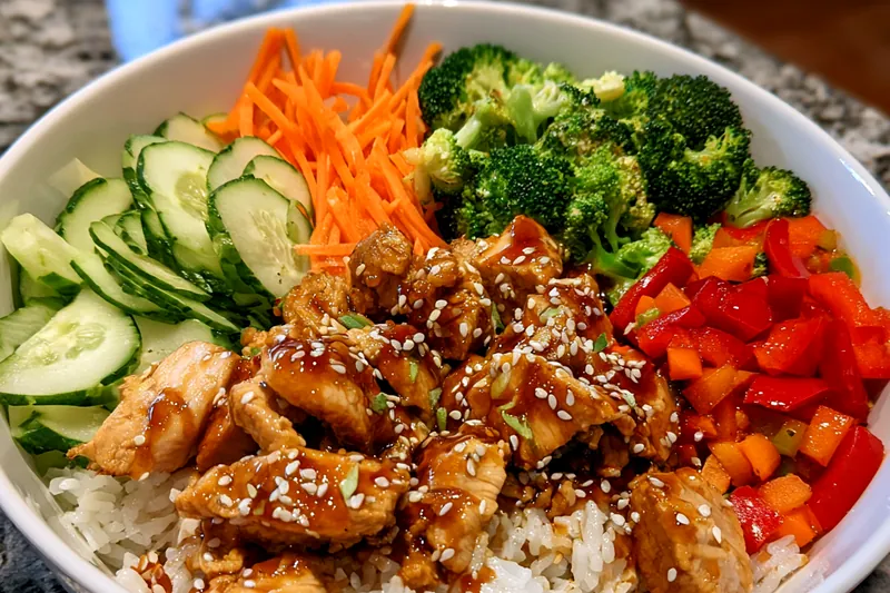 A beautifully plated Savory Teriyaki Turkey Bowl, showcasing the vibrant colors of the turkey and vegetables.