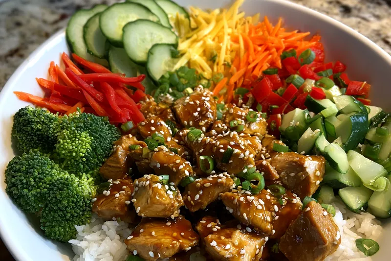 A beautifully arranged setup of ingredients for Savory Teriyaki Turkey Bowl including turkey, vegetables, and sauces.