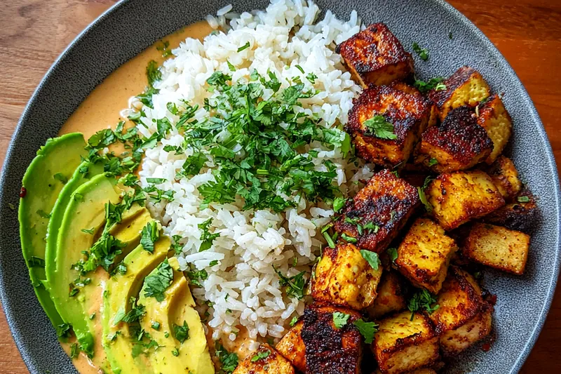 Fresh ingredients for Seared Chicken Avocado Rice Bowl with Creamy Herb Sauce