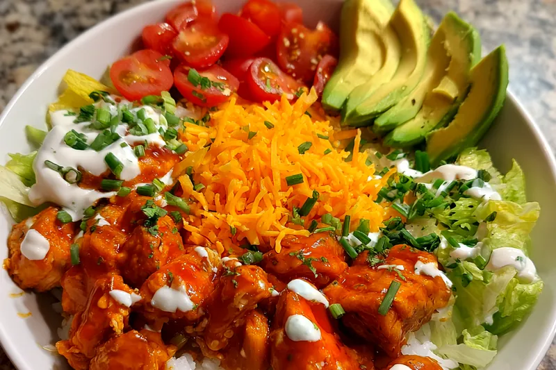 A well-arranged display of ingredients for Spicy Buffalo Chicken Bowls, including chicken, rice, and fresh vegetables.