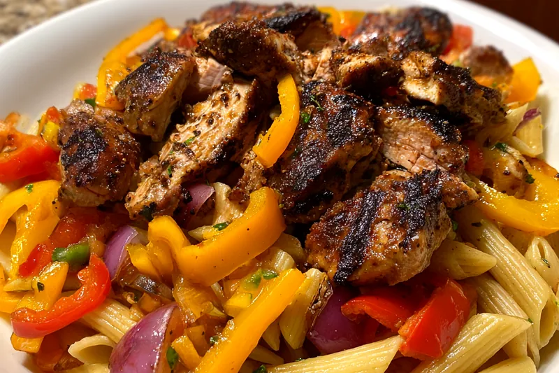 A dynamic cooking scene showing the preparation of Spicy Jerk Chicken Pasta Delight, with ingredients sizzling in a skillet.