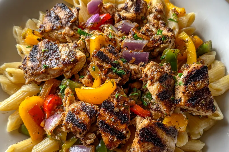 An array of fresh ingredients for Spicy Jerk Chicken Pasta Delight, including vibrant bell peppers, chicken, and pasta.
