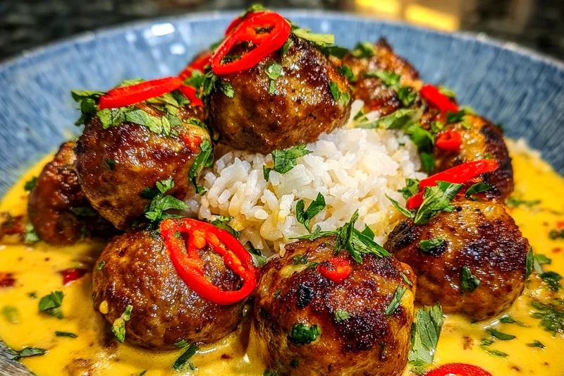 A captivating shot of Spicy Jerk Meatballs Delight being plated, showcasing the vibrant colors and textures.