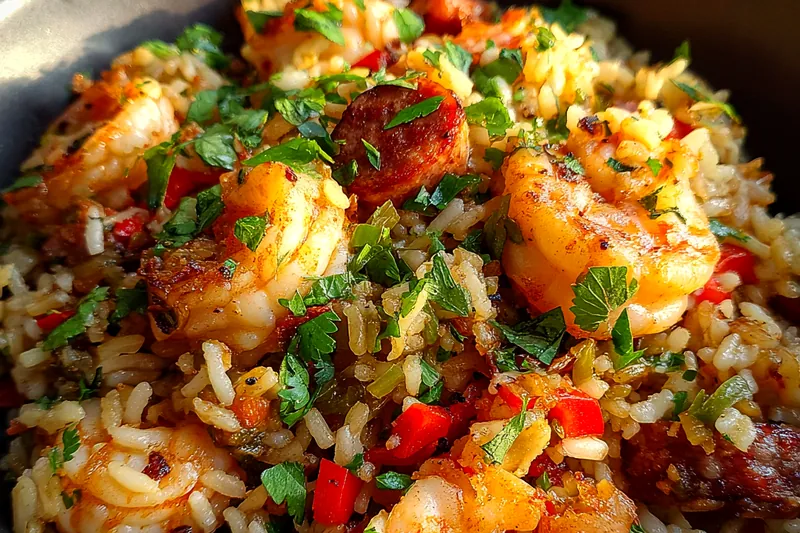 Fresh ingredients for Spicy Shrimp Sausage Rice