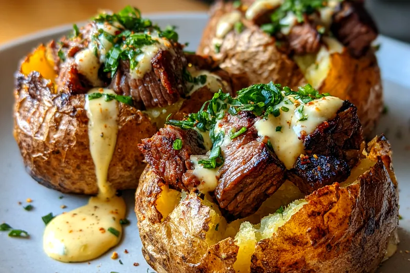 Cooking process for Steak Stuffed Potatoes with Creamy Sauce