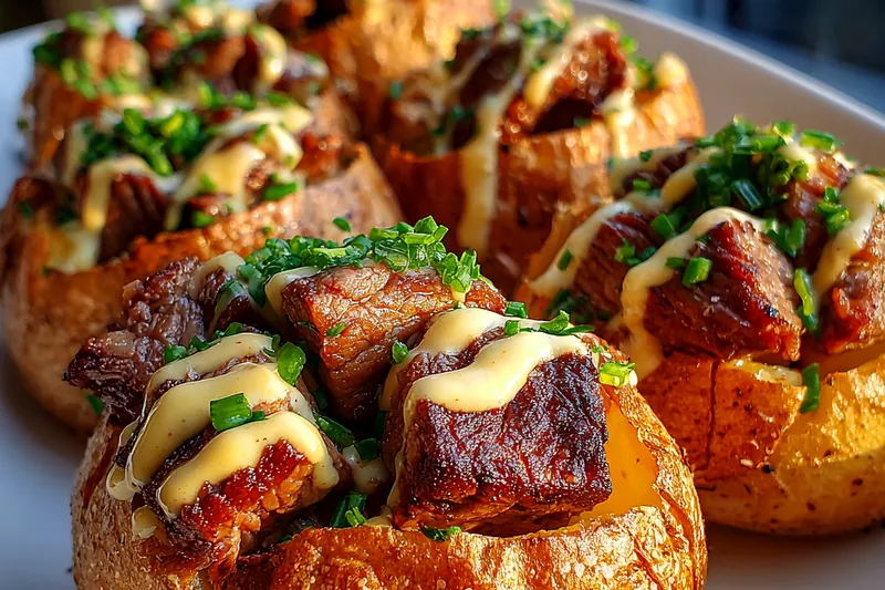 Fresh ingredients for Steak Stuffed Potatoes with Creamy Sauce