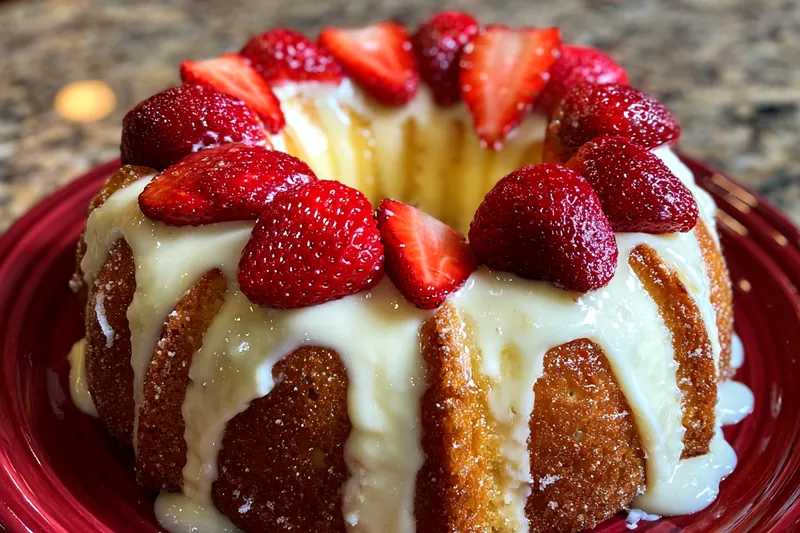 An overhead shot of the Strawberry Cream Cheese Delight in a beautiful serving dish, ready to be served.