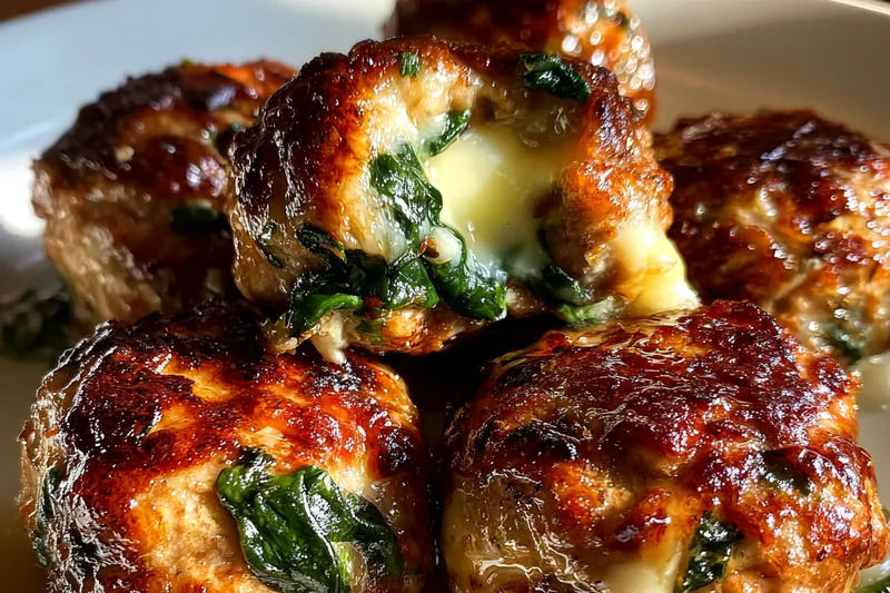 Cooking process for Stuffed Spinach Mozzarella Meatballs