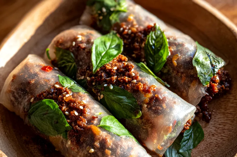 Cooking process for Thai Basil Beef Rolls