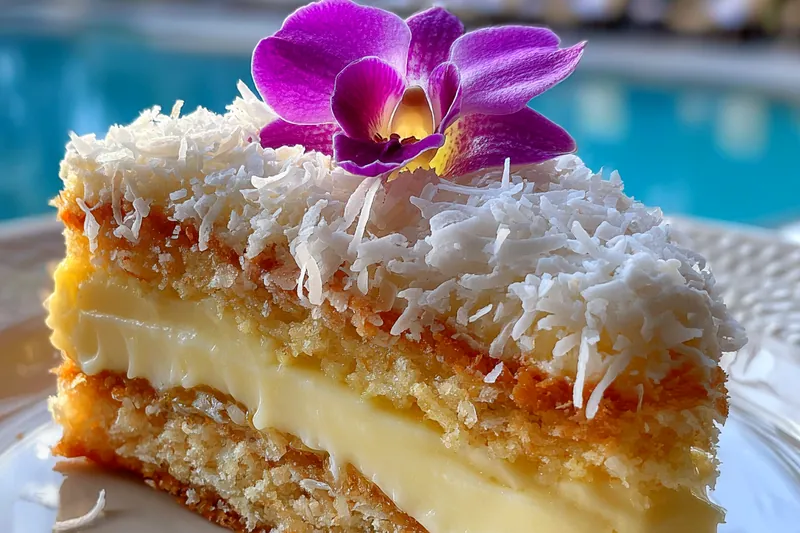 Step-by-step preparation of Tropical Coconut Cream Cake showcasing mixing, baking, and decorating.