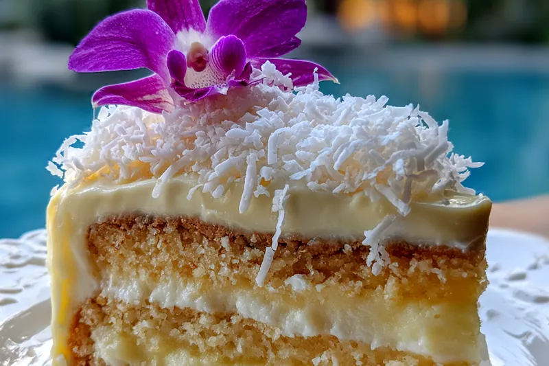 Colorful arrangement of ingredients for Tropical Coconut Cream Cake including butter, flour, and tropical fruits.