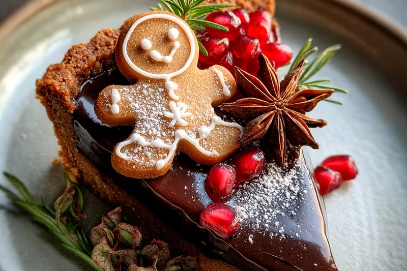 Chef Mitchell pouring melted chocolate into the gingerbread tart crust, showcasing the smooth filling.