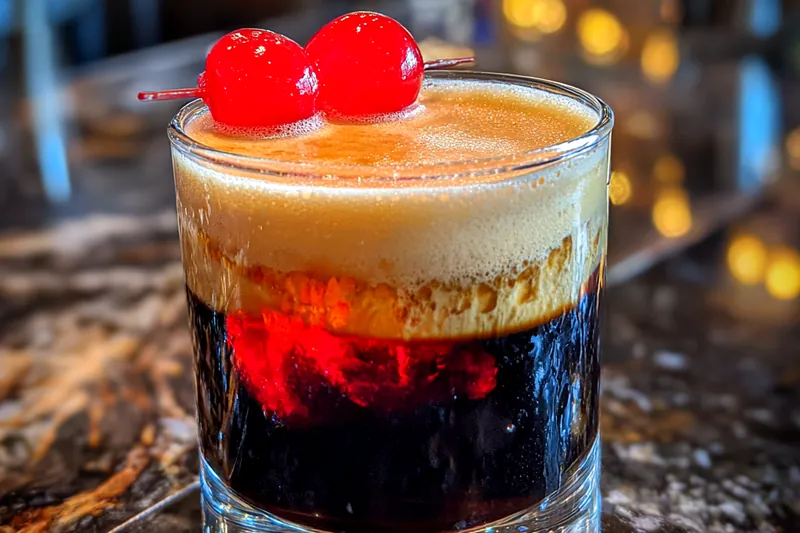 A collection of ingredients for the Velvety Kahlua Layered Cocktail including Kahlua, cream, and chocolate syrup.