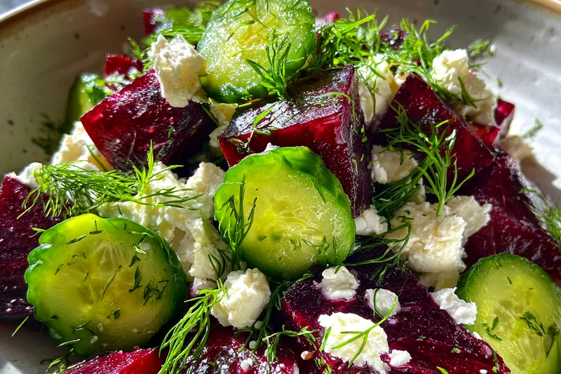 Close-up of Vibrant Beet Feta Salad with Fresh Dill being tossed in a bowl